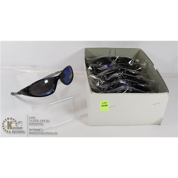 BOX OF OAKLEY STYLE SUNGLASSES.