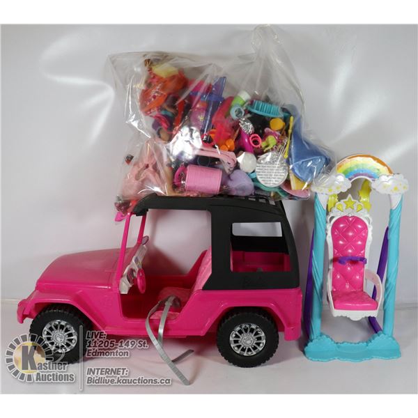 BARBIE ITEMS; JEEP, SWING, CLOTHES, 3 DOLLS