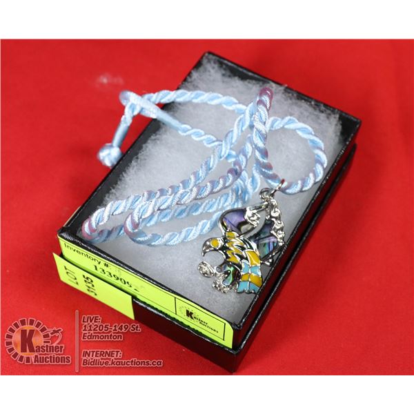 LANDING EAGLE ON LIGHT BLUE SATIN CORD NECKLACE