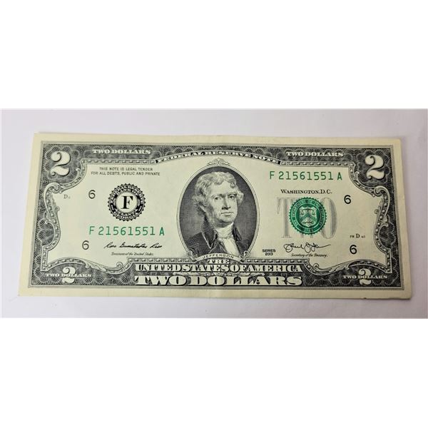7)  US 2013 GREEN SEAL $2.00 BANKNOTE