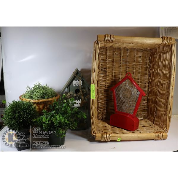 LARGE WICKER BASKET W/ PLANTS BIRDHOUSE & BUG