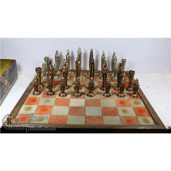 ANTIQUE WOOD/LEATHER CHESS BOARD WITH METAL