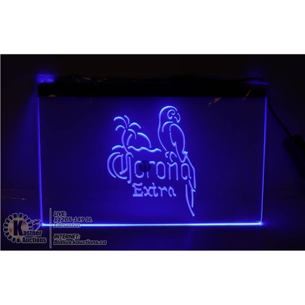 LIGHTED NEON BLUE "CORONA EXTRA" PARROT SIGN