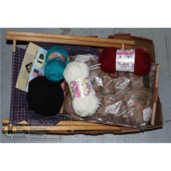 KNITTING LOT INCLUDES NEW WOOL, NEEDLES AND FABRIC
