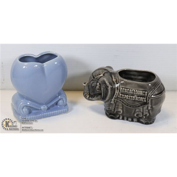 2 VINTAGE FLORAL VASES, BLUE HEART AND ELEPHANT