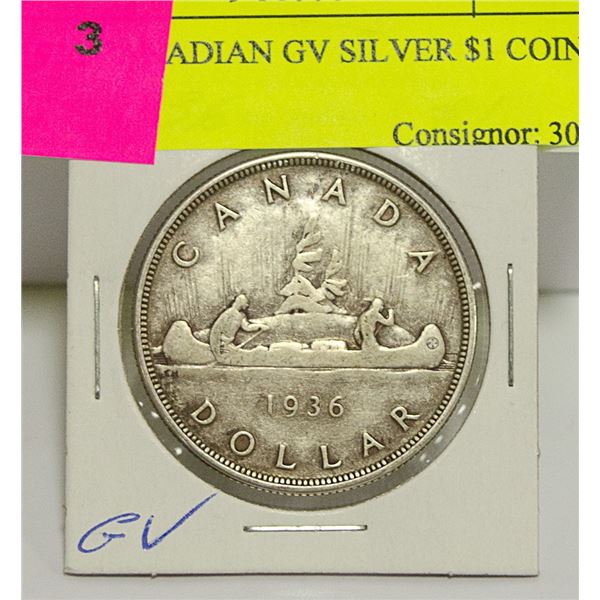 1936 CANADIAN GV SILVER $1 COIN