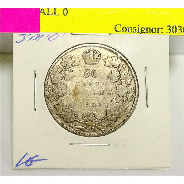 1920 CANADIAN GV SILVER 50 CENT COIN SMALL 0