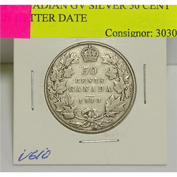 1913 CANADIAN GV SILVER 50 CENT COIN BETTER DATE