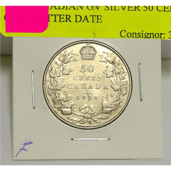 1929 CANADIAN GV SILVER 50 CENT COIN BETTER DATE