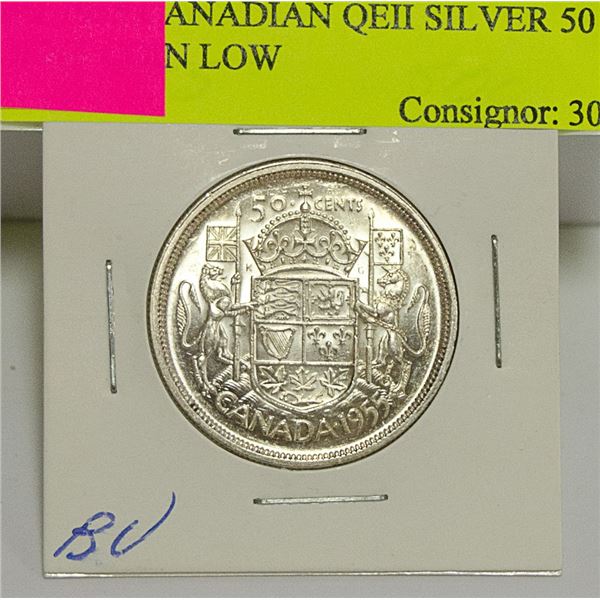 BU 1955 CANADIAN QEII SILVER 50 CENT COIN LOW