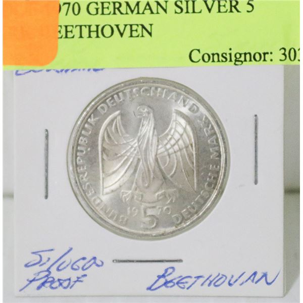 PROOF 1970 GERMAN SILVER 5 MARK BEETHOVEN
