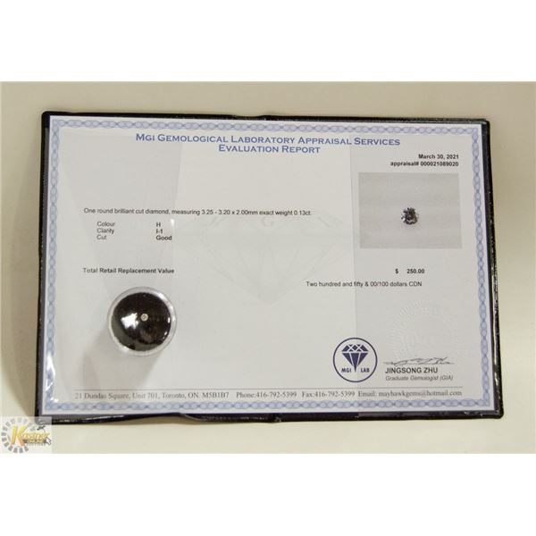 MGI LAB APPRAISED COA GENUINE 0.13ct DIAMOND