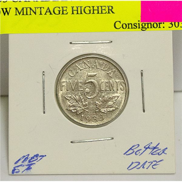 1933 CANADIAN GV 5 CENT COIN LOW MINTAGE HIGHER