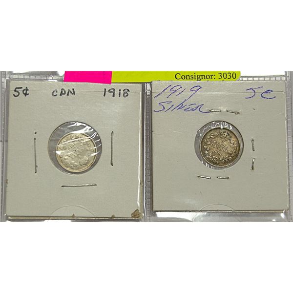 1918-19 CANADIAN GV SILVER 5 CENT COINS
