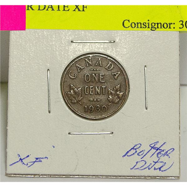 1930 CANADIAN GV 1 CENT COIN BETTER DATE XF
