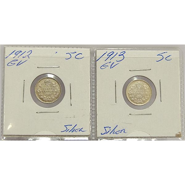 1912-13 CANADIAN GV SILVER 5 CENT COINS