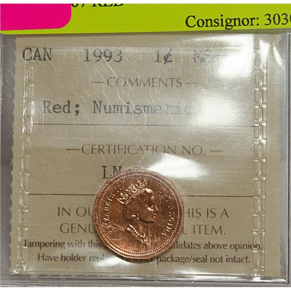 1993 CANADIAN 1 CENT COIN ICCS CERT MS67 RED