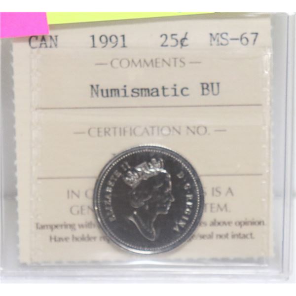 SCARCE 1991 CANADIAN 25 CENT COIN CERT ICCS MS-67