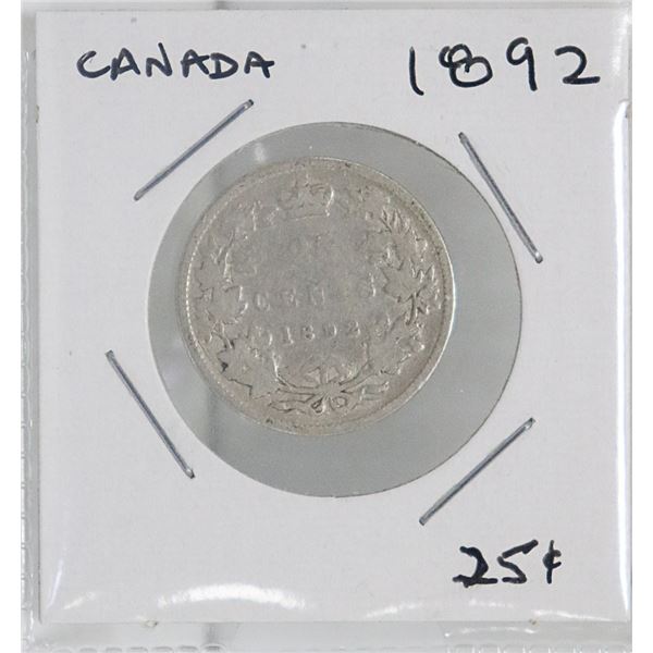 1892 CANADIAN TWENTY FIVE CENT SILVER COIN