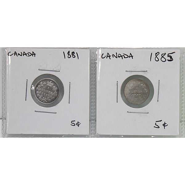 1881 AND 1885 CANADIAN FIVE CENT SILVER COINS