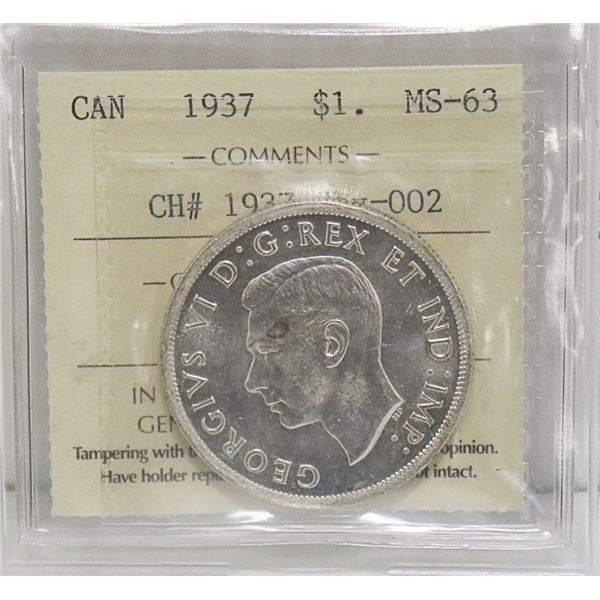 1937 CANADIAN SILVER DOLLAR ICCCS GRADED MS63