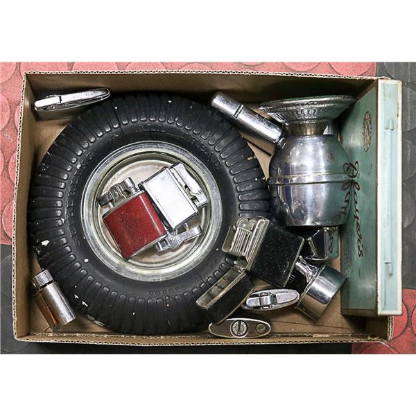 VINTAGE TIRE ASHTRAY, LIGHTERS, CIGARETTE TIN