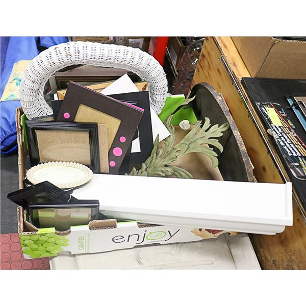 BOX OF HOME DECOR, ASSORTED PICTURES AND FRAMES