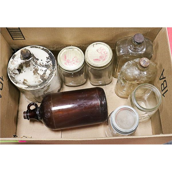 LOT OF VINTAGE SEALERS, BOTTLES, AND A JUG