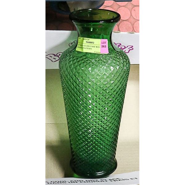 13" GREEN GLASS VASE WITH DIAMOND PATTERN