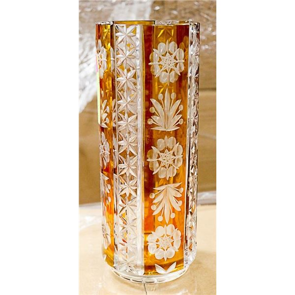 VINTAGE LARGE AMBER/CLEAR GLASS VASE
