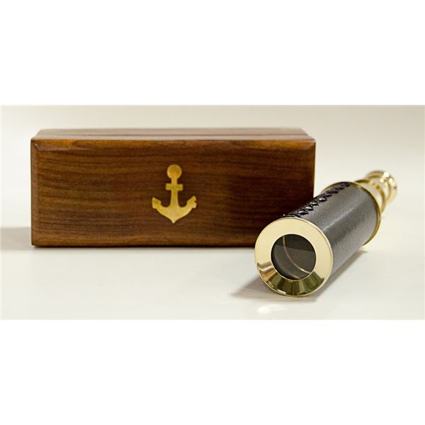 BRASS FOLDING TELESCOPE WITH INLAID BRASS WOOD BOX