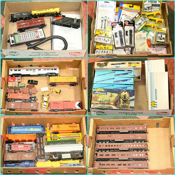 2 SHELVES OF HO TRAIN CARS AND ACCESSORIES