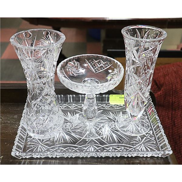 PINWHEEL CRYSTAL TRAY WITH 2 VASES AND CANDY DISH