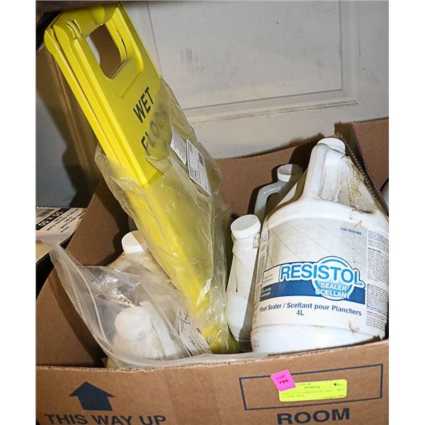 6 BOTTLES OF RESISTOL AND 1 "WET FLOOR" SIGN
