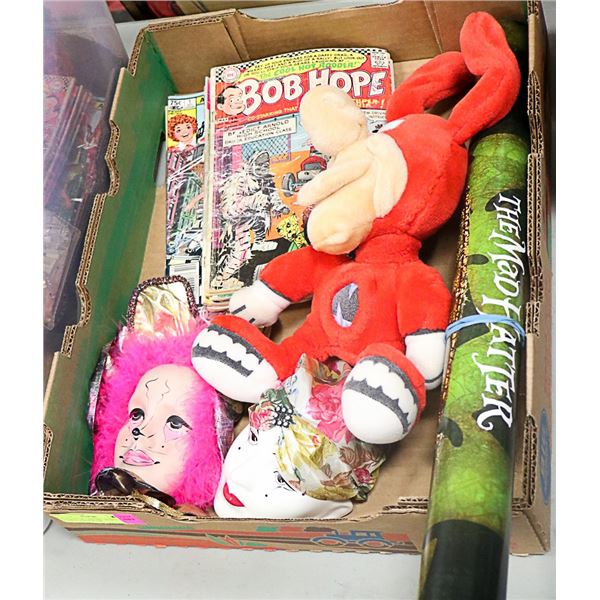 FLAT LOT OF CERAMIC MASKS, OLD COMICS AND POSTER