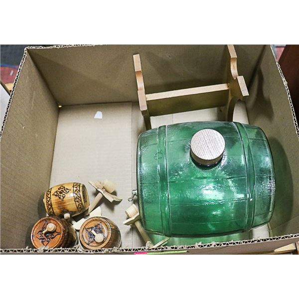 VINTAGE LARGE GLASS BEER KEG WITH STAND AND 2 XTRA