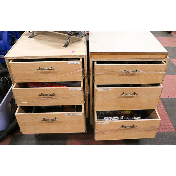2 WOODEN PORTABLE STORAGE UNITS ON WHEELS