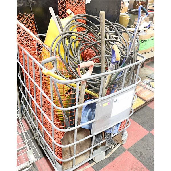 METAL CAGE WITH SNOW FENCE PIPE CONES AND MISC LOT