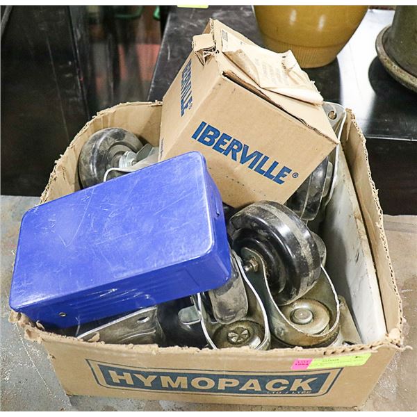 BOX LOT OF WHEEL CASTORS WITH DRILL BIT CASE