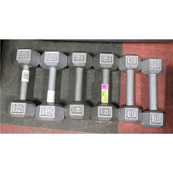 6 HAND WEIGHTS 12LBS 10LBS 8LBS 2 OF EACH