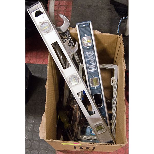 BOX LOT OF TOOLS AND LEVELS