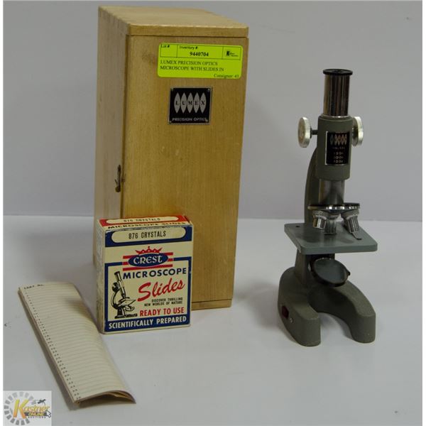 LUMEX PRECISION OPTICS MICROSCOPE WITH SLIDES IN