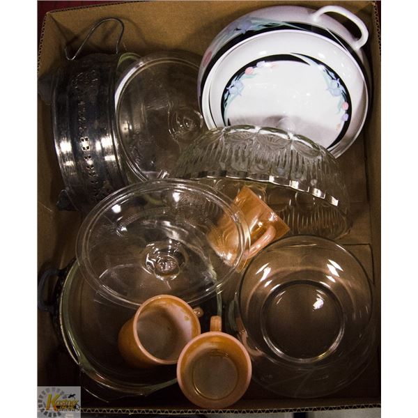 BOX OF HOME ITEMS- CASSEROLE DISH MICROWAVE SAFE,