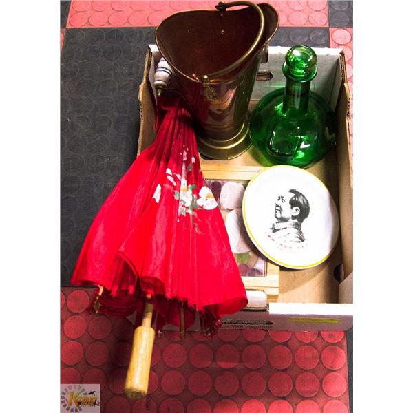 BOX OF ASSORTED ITEMS - VINTAGE RED UMBRELLA