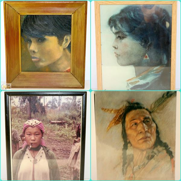 LOT OF 4-3 PHOTOS AND ONE PAINTING ON CANVAS