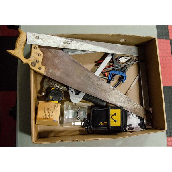 ASSORTED TOOL LOT: INCLUDES SAW, MEASURE TAPE,