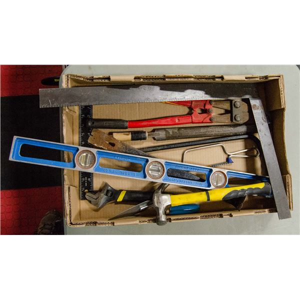 TOOL LOT: INCLUDES LEVEL, BOLT CUTTERS, HAMMER,