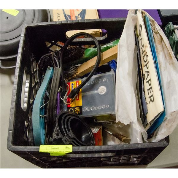 CRATE OF ASSORTED TOOLS, SAND PAPER & MORE