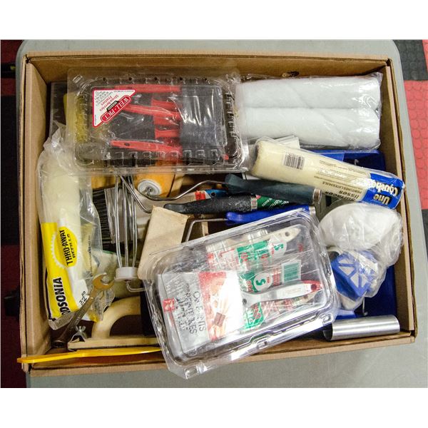 LARGE FLAT OF PAINTING SUPPLIES: INCLUDES ROLLERS,