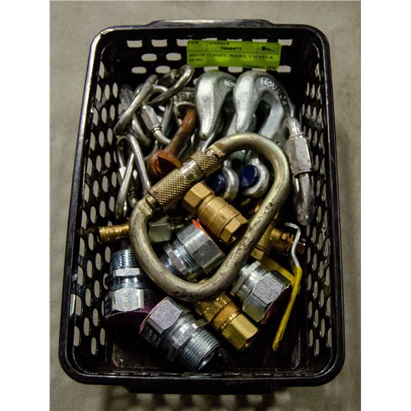 BIN OF CLAMPS, HOOKS, VALVES & MORE